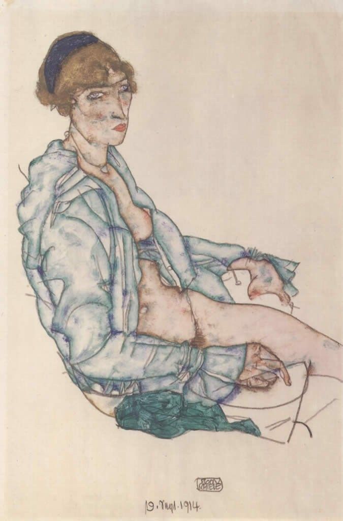 Egon Schiele Sitting woman with blue hair ribbon